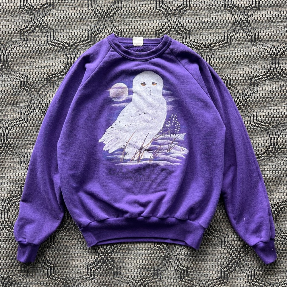 Vintage Snowy Owl Sweatshirt Men Small Purple Wildlife Raglan Tundra Bird Nature